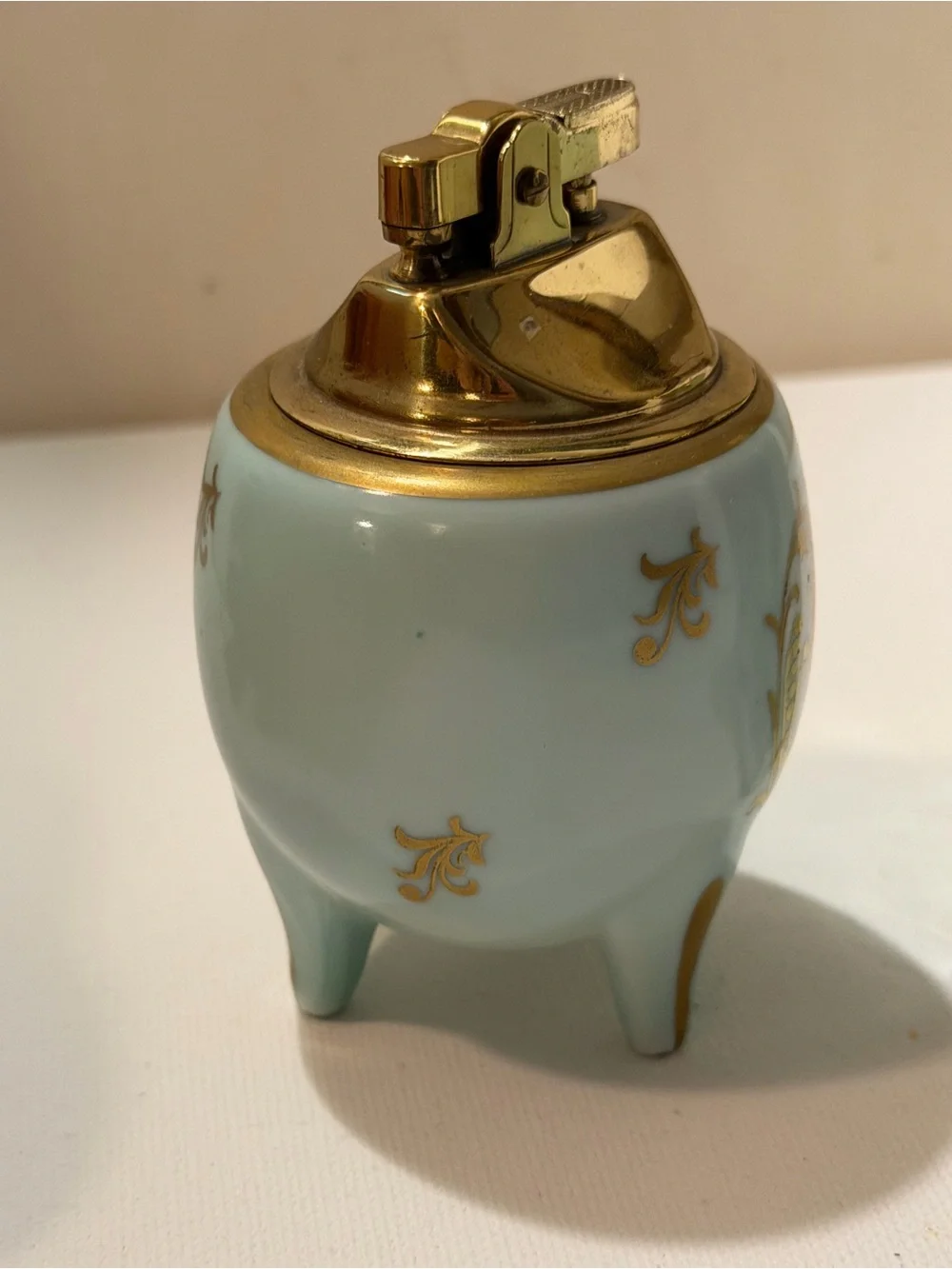 Porcelain Floral Table Lighter in Light Blue and Gold